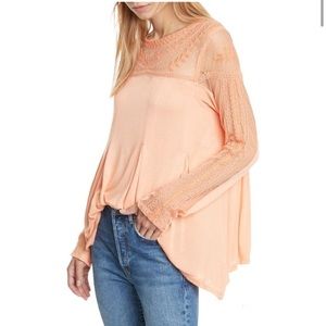 Free People Womens Jojo Mixed Media Top Embroidered Orange/Peach Size XS